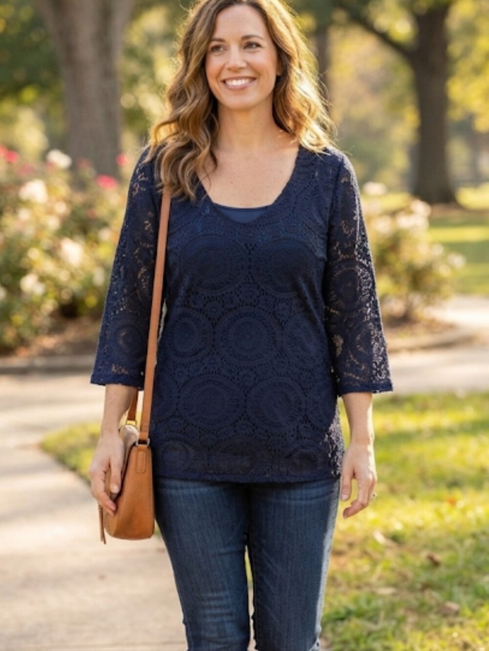Women's Navy Crochet V-Neck Top